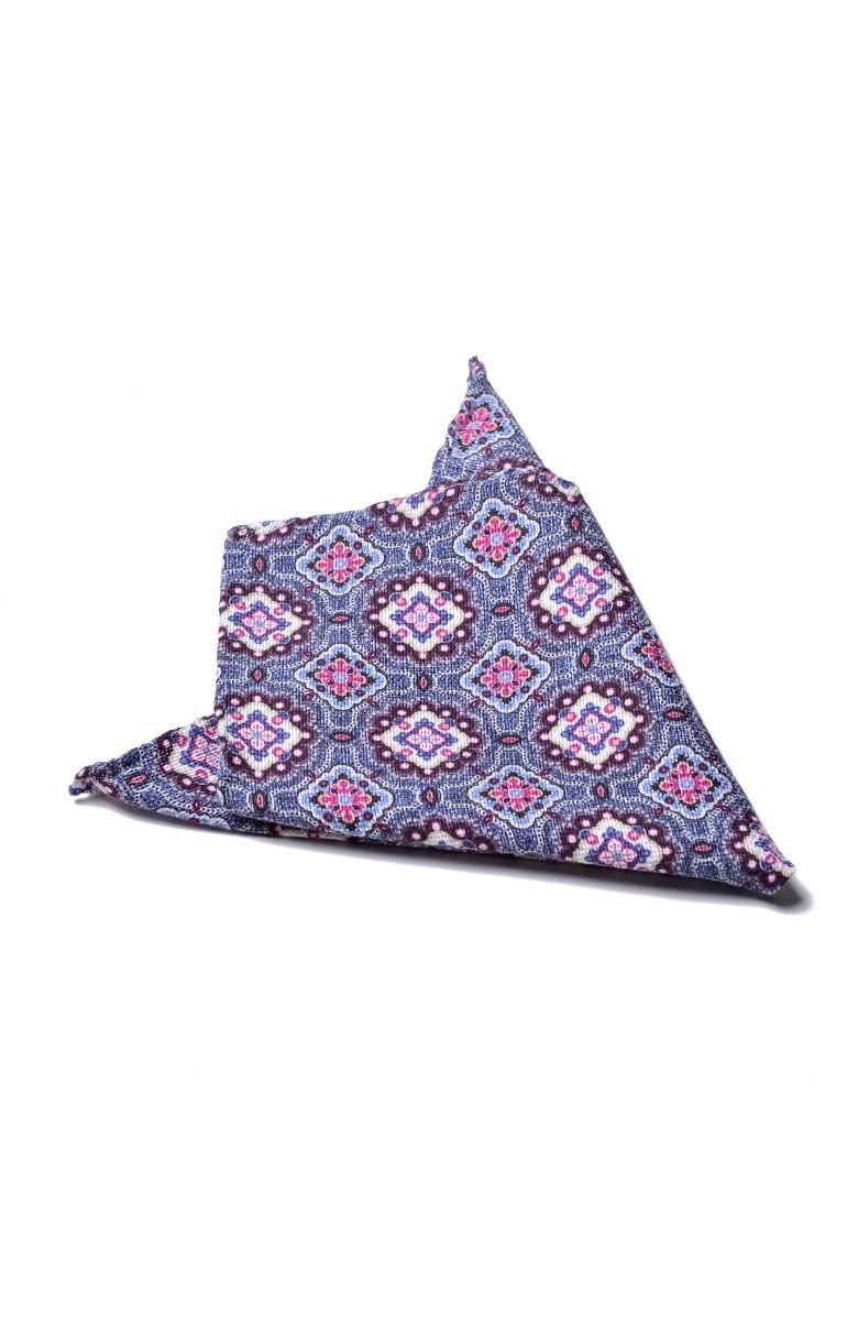 Платок нагрудный в карман сине-голубой в розово-белый цветочный орнамент (хлопок,шелк)