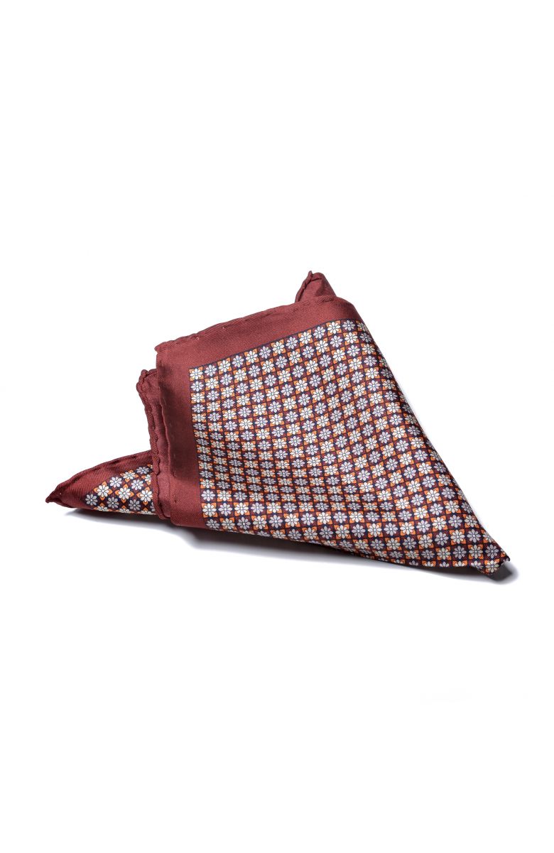 Платок нагрудный в карман кирпично-бордовый цвет с цветочным рисунком (шелк)