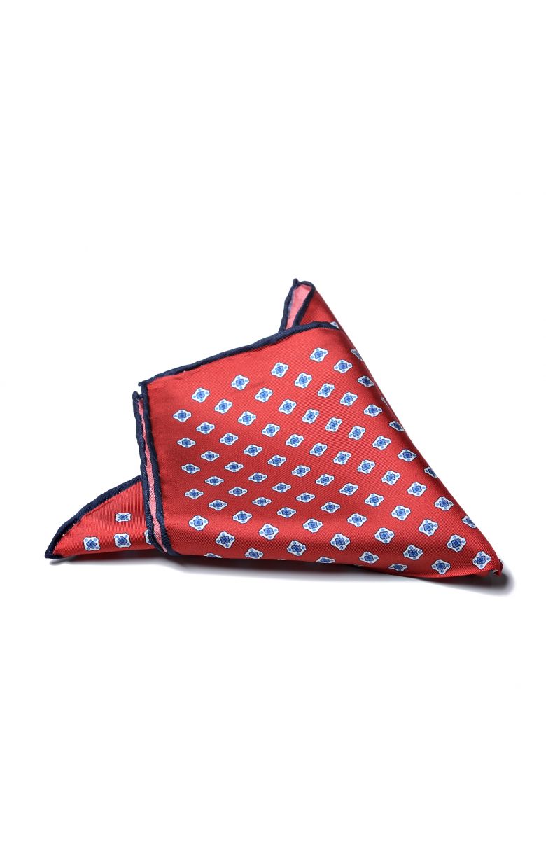 Платок нагрудный в карман красного цвета в бело-синий узор с синей окантовкой (шелк)