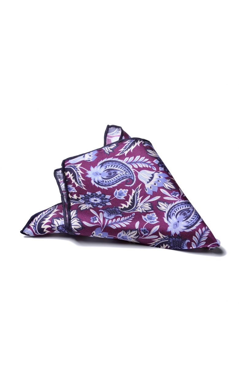 Платок нагрудный в карман фиолетового цвета в  узор "пейсли" с синей окантовкой (шелк)