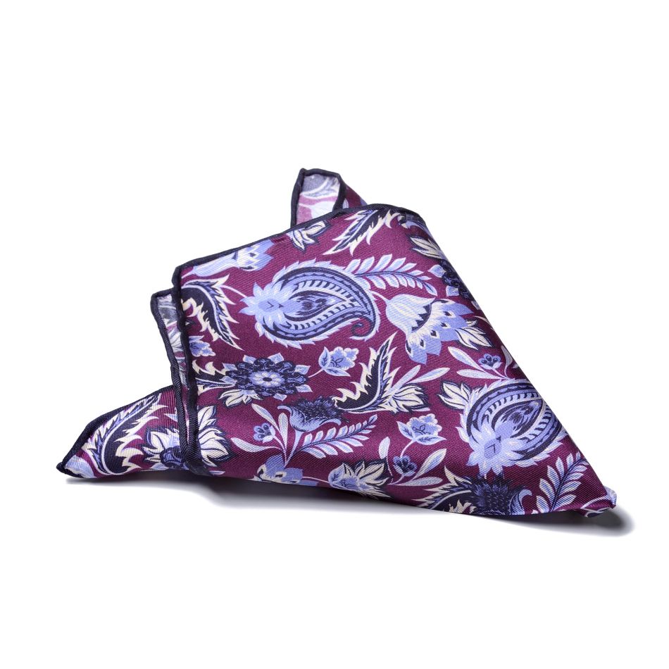 Платок нагрудный в карман фиолетового цвета в  узор "пейсли" с синей окантовкой (шелк)