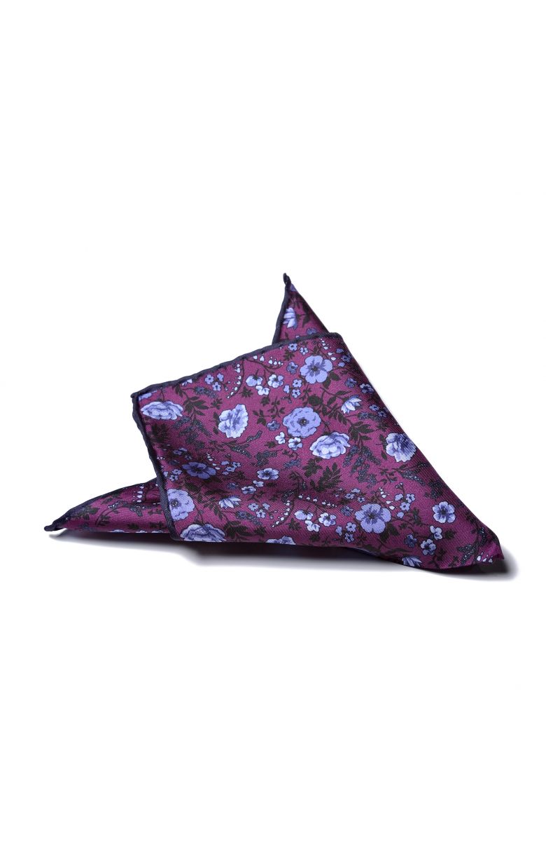 Платок нагрудный в карман фиолетовый в цветы с синей окантовкой (шелк)
