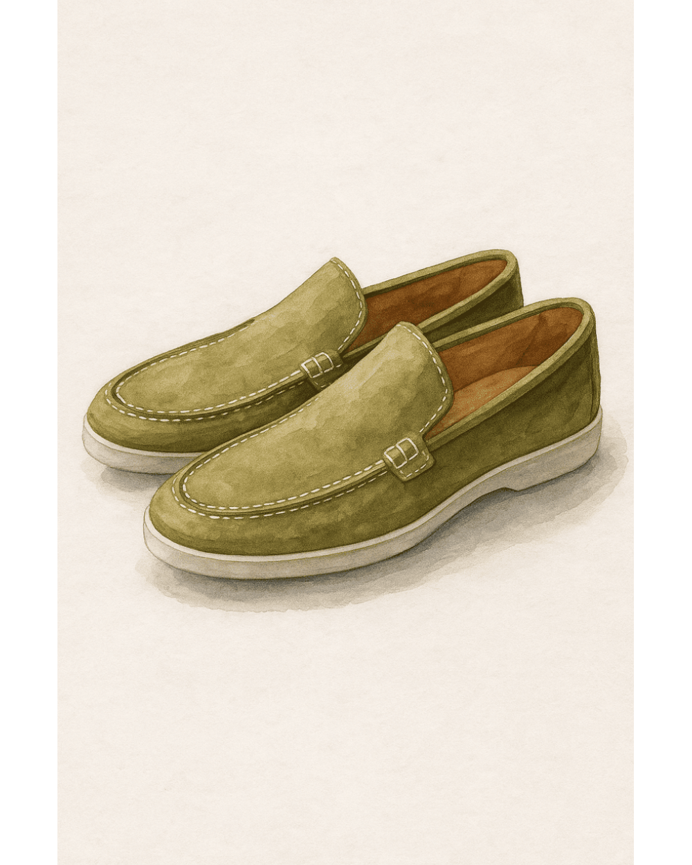 Лоферы светло-оливковые замшевые, облегченные (summer walk loafers)