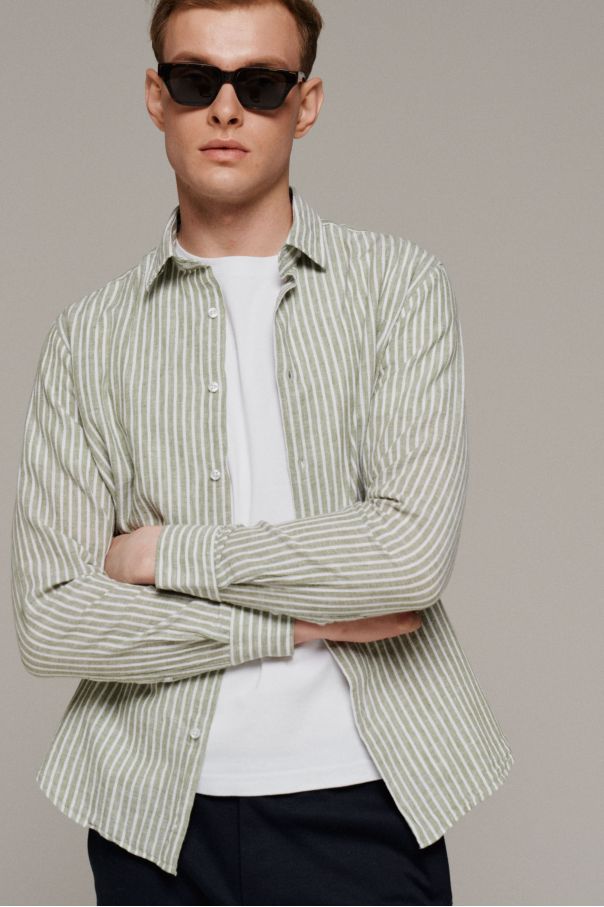 Рубашка мужская зеленая в крупную белую полоску, классика воротник (Regular Fit)