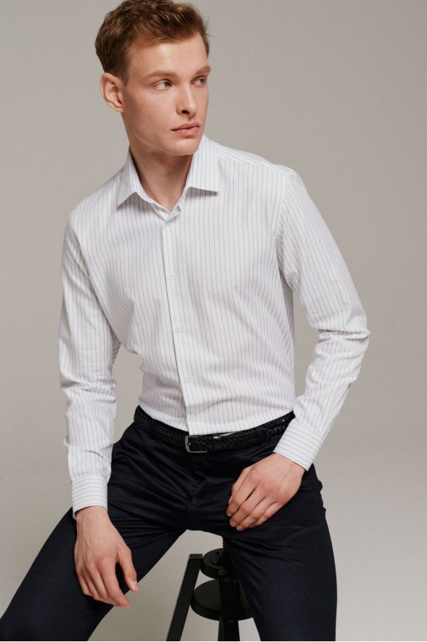 Рубашка мужская белая в крупную синюю полоску, классика воротник (Regular fit)