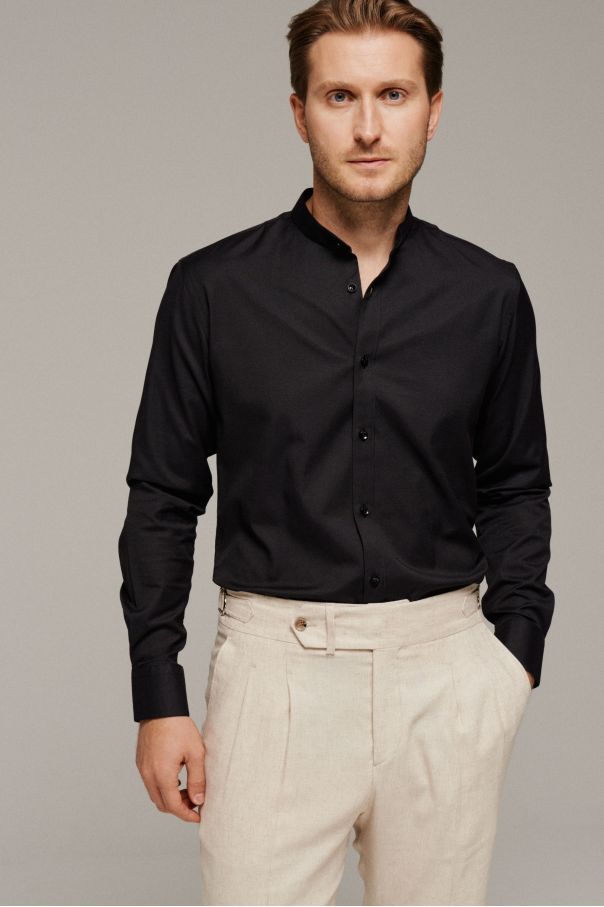 Рубашка мужская черная, ткань оксфорд, воротник стойка