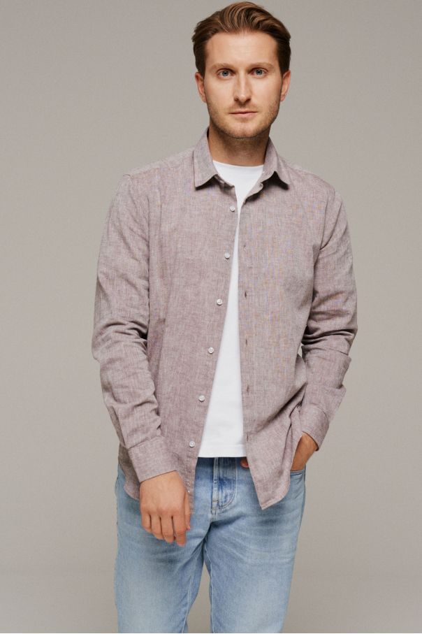 Рубашка мужская коричневая меланж из хлопка и льна, классика воротник (Regular fit)