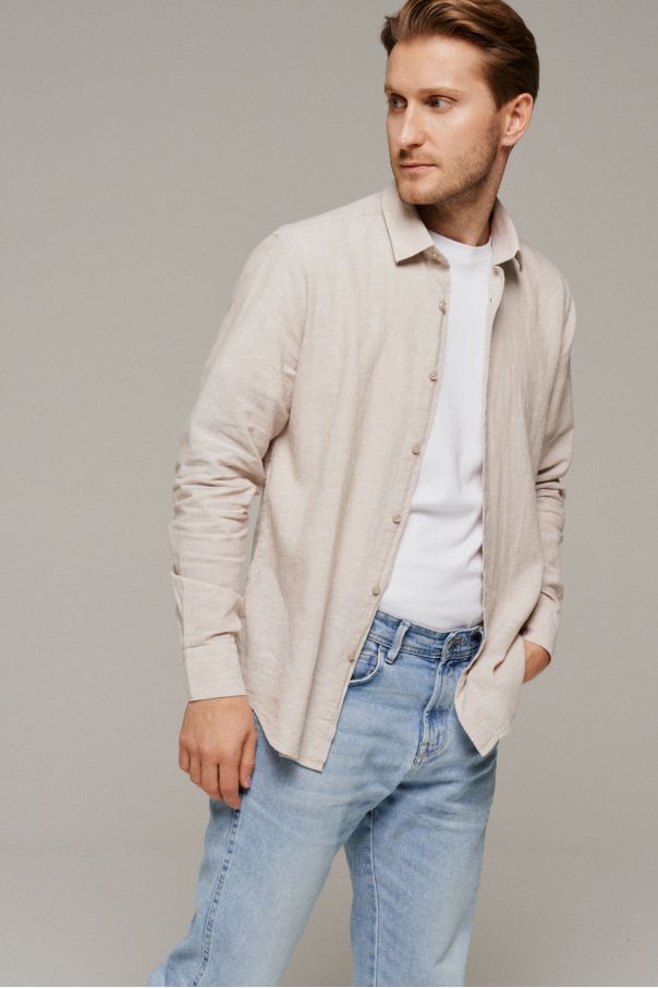 Рубашка мужская бежевая меланж из хлопка и льна, классика воротник (Regular fit)