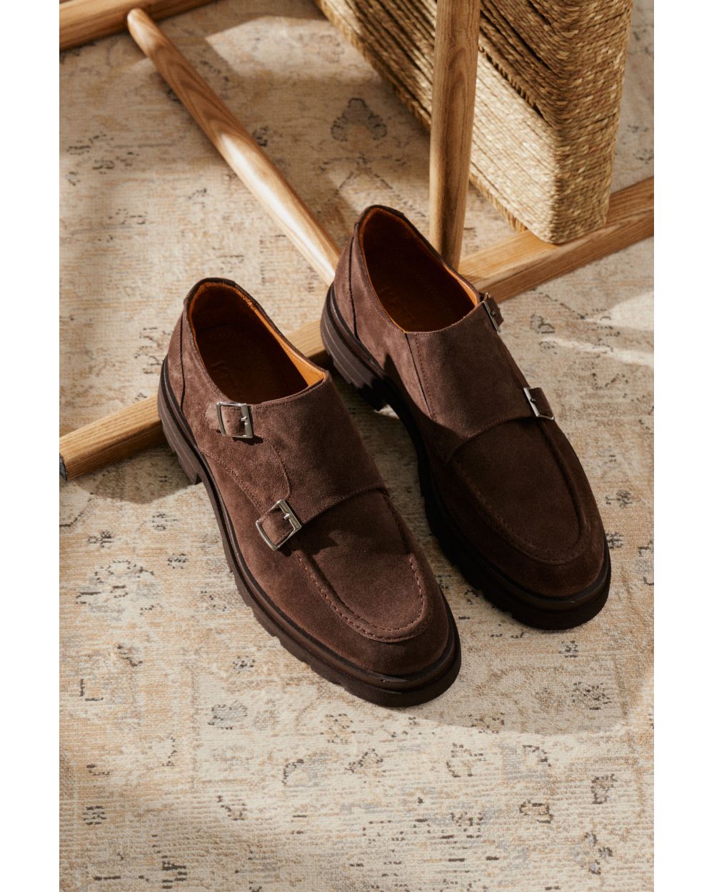 Туфли мужские дабл-монки коричневые, замшевые, высокая подошва