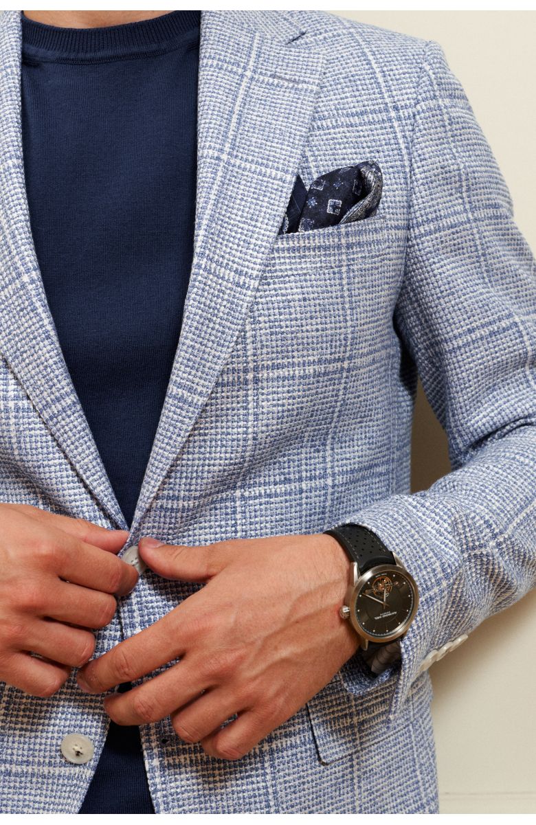 Платок нагрудный в карман темно-синий, в голубой принт, итальянский шелк