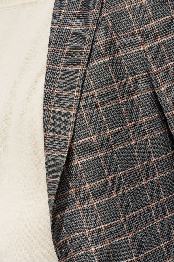 Пиджак мужской серый в бело-черно-оранжевую крупную клетку, с английскими лацканами