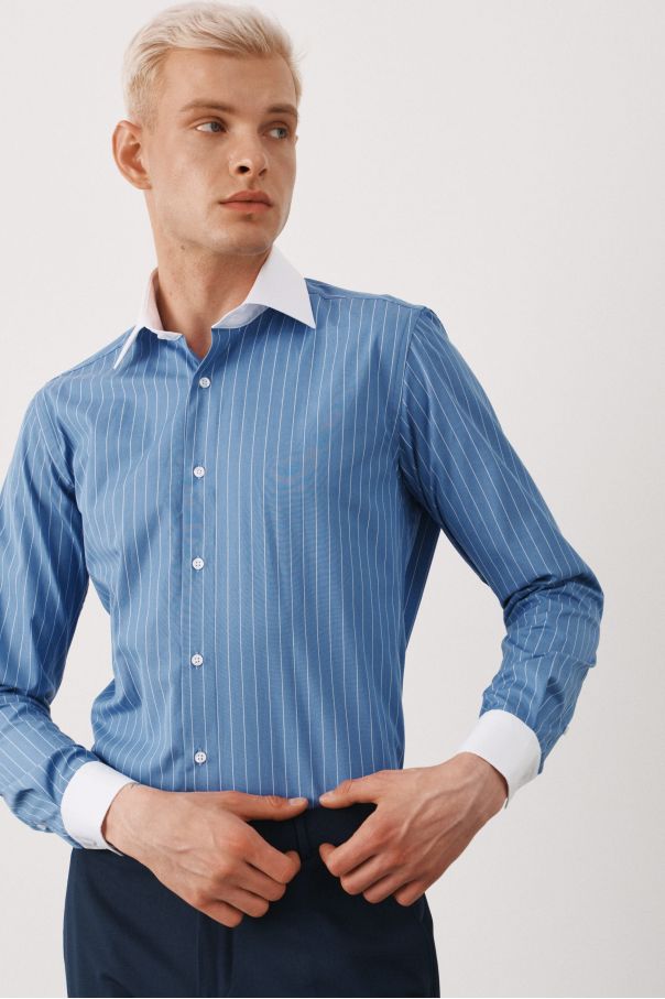 Рубашка мужская синяя в полоску с белыми воротником и манжетами, "contrast collar"
