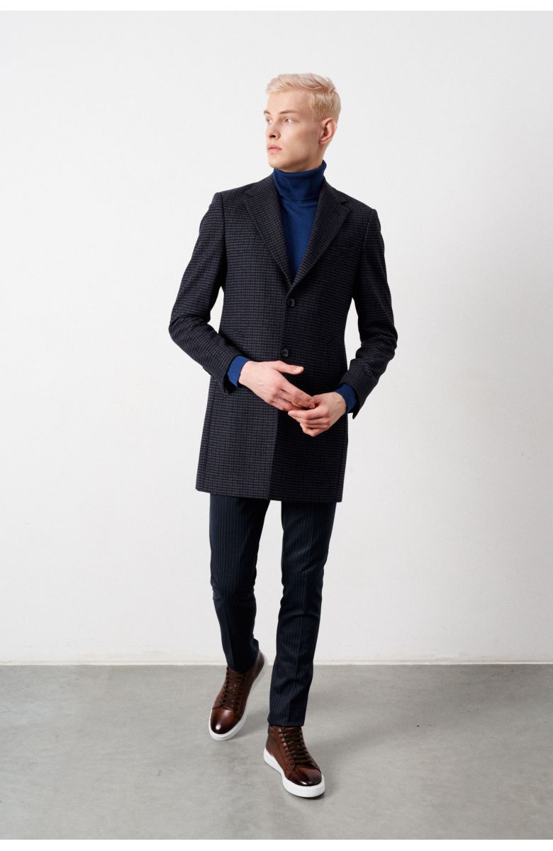 Пальто мужское демисезонное, синее в бордово-чёрную "гусиную лапку", с английскими лацканами