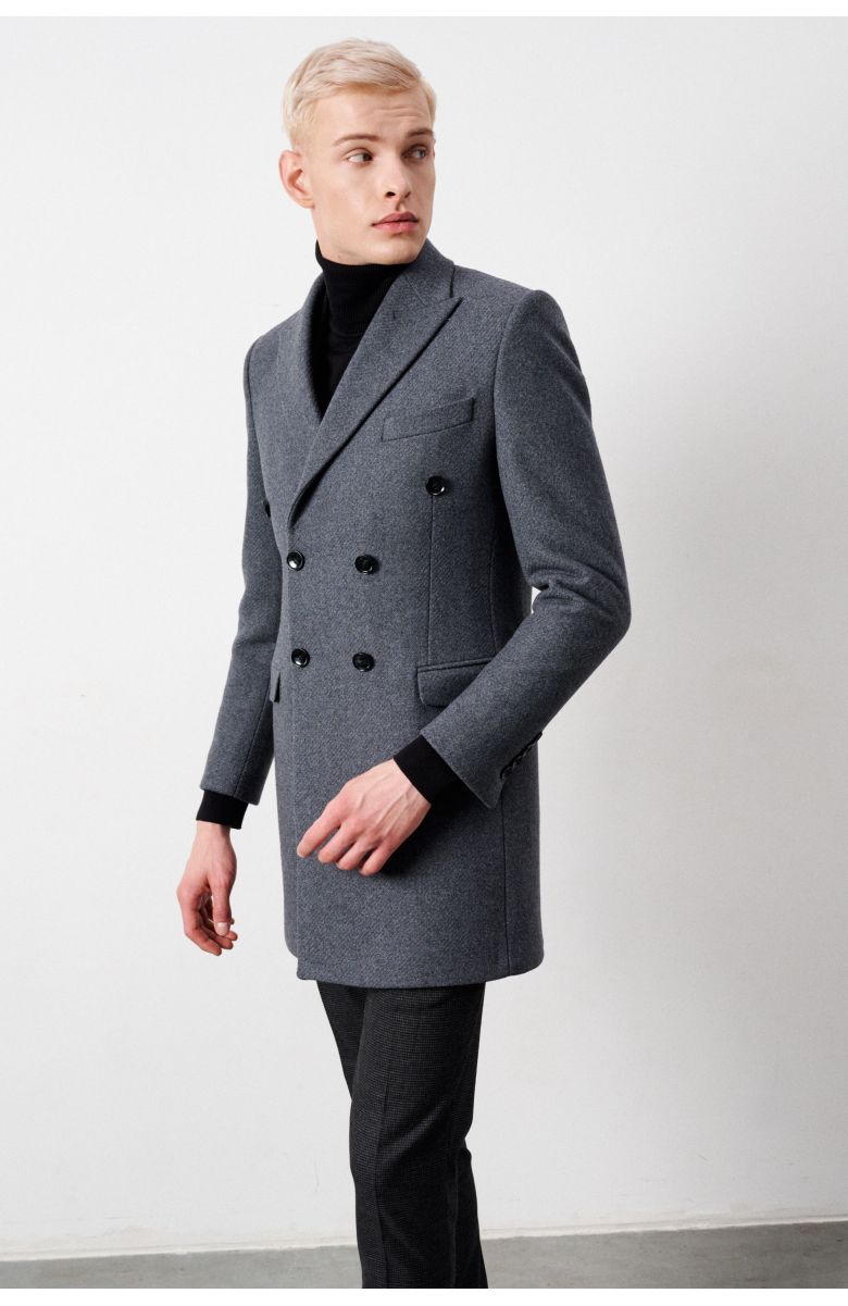 Пальто двубортное мужское, демисезонное, серое меланж, в диагональную фактуру