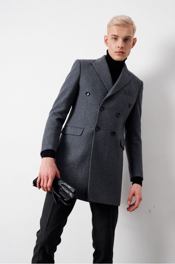 Пальто двубортное мужское, демисезонное, серое меланж, в диагональную фактуру, с итальянскими лацканами