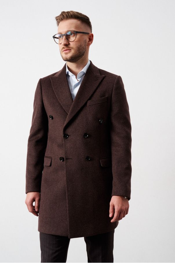 Пальто двубортное мужское, демисезонное, коричневое меланж, с итальянскими лацканами