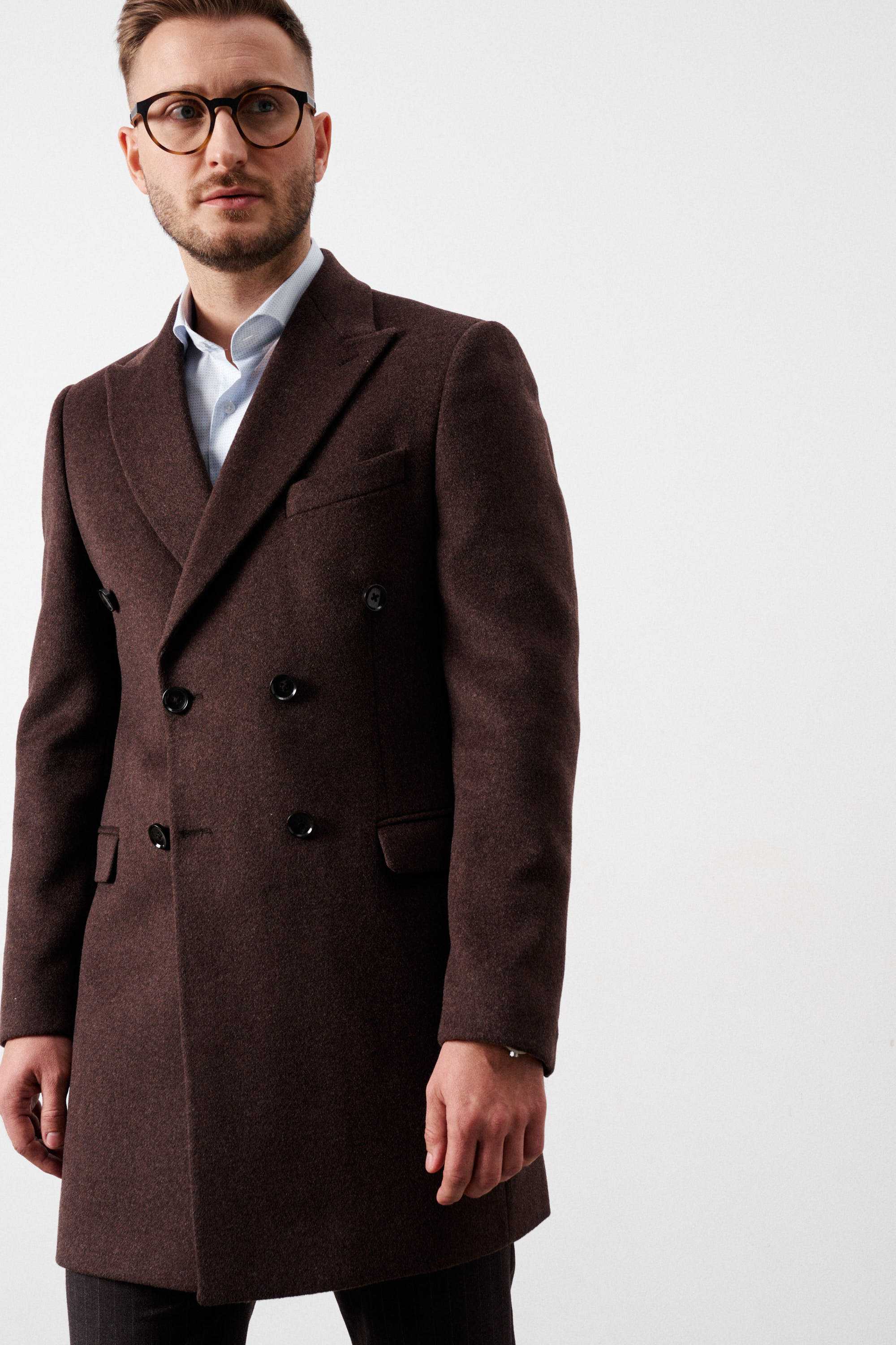 Пальто двубортное мужское, демисезонное, коричневое меланж