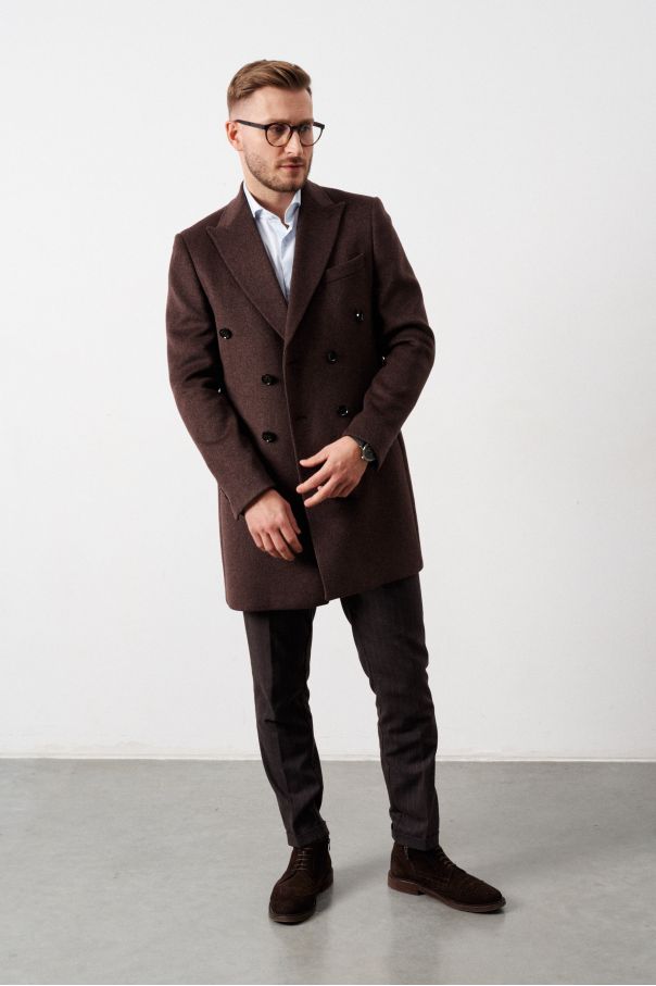 Пальто двубортное мужское, демисезонное, коричневое меланж, с итальянскими лацканами