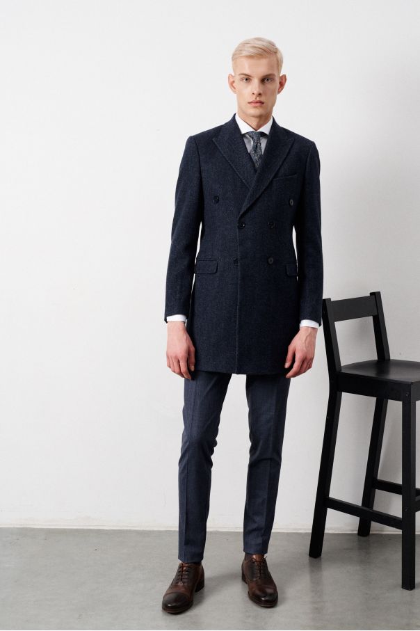 Пальто двубортное мужское, демисезонное, синее меланж, ткань крупная "ёлочка"