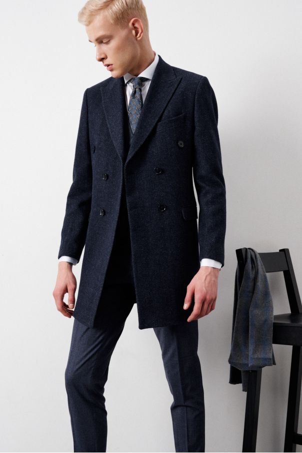 Пальто двубортное мужское, демисезонное, синее меланж, ткань крупная "ёлочка", с итальянскими лацканами
