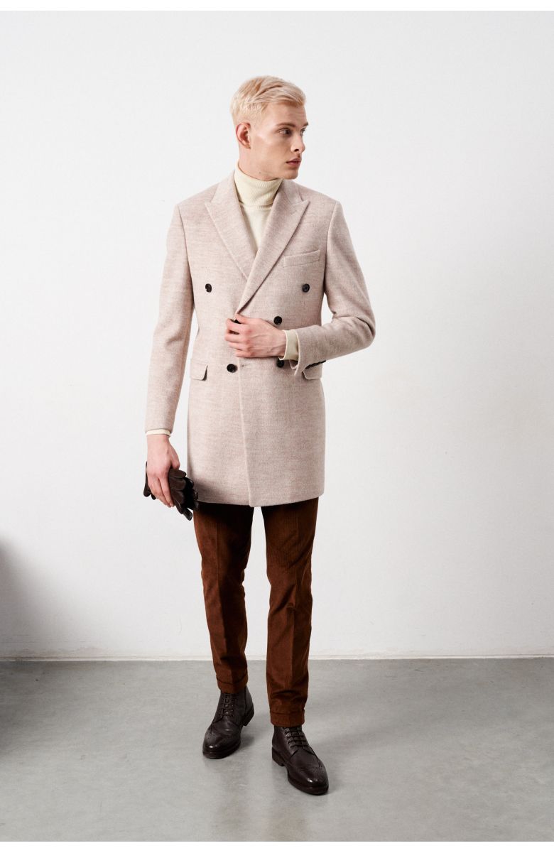 Пальто двубортное мужское, демисезонное, светло-бежевое, ткань крупная "ёлочка"
