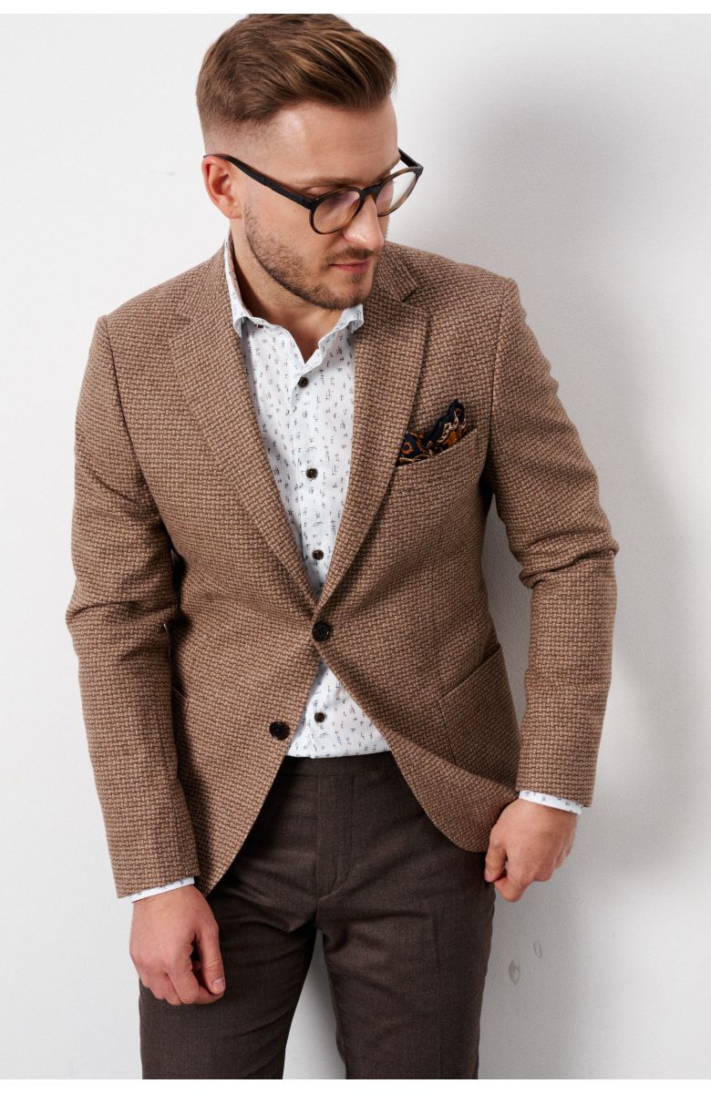 Пиджак мужской бежево-коричневый, фактурный, с накладными карманами