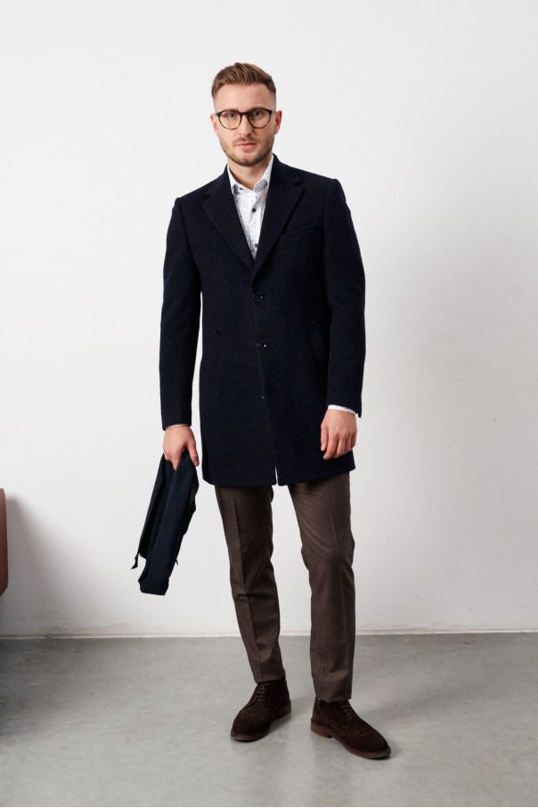 Пальто мужское демисезонное, тёмно-синее, ткань букле