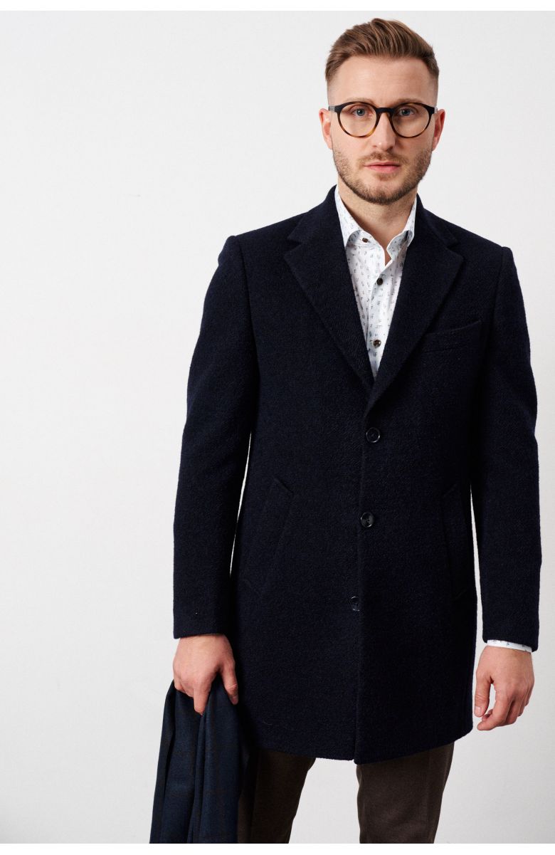 Пальто мужское демисезонное, тёмно-синее, ткань букле