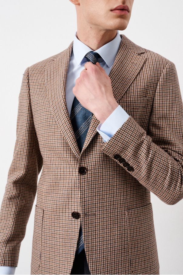 Пиджак мужской бежевый в коричнево-синюю "гусиную лапку", с накладными карманами