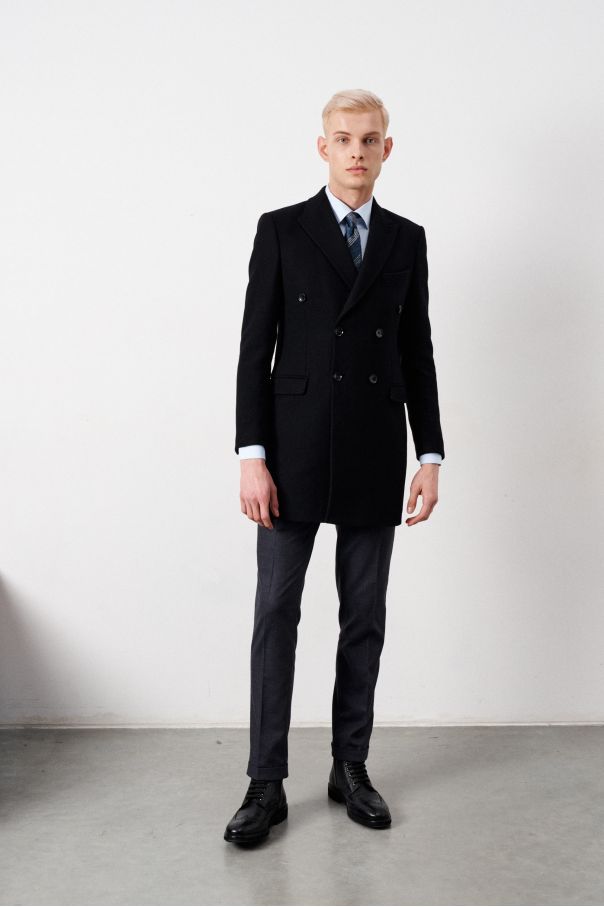 Пальто двубортное мужское, демисезонное, чёрное в диагонльную фактуру