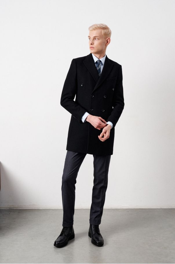 Пальто двубортное мужское, демисезонное, чёрное в диагонльную фактуру, с итальянскими лацканами