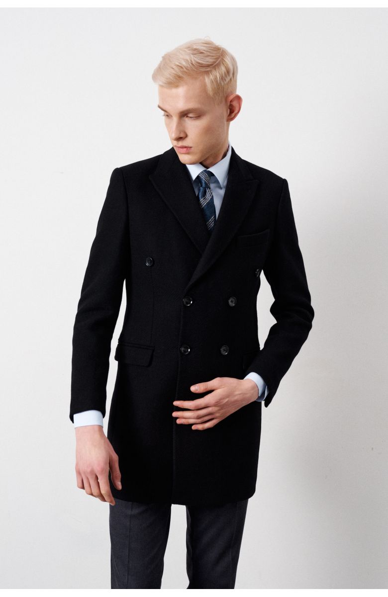 Пальто двубортное мужское, демисезонное, чёрное в диагонльную фактуру, с итальянскими лацканами