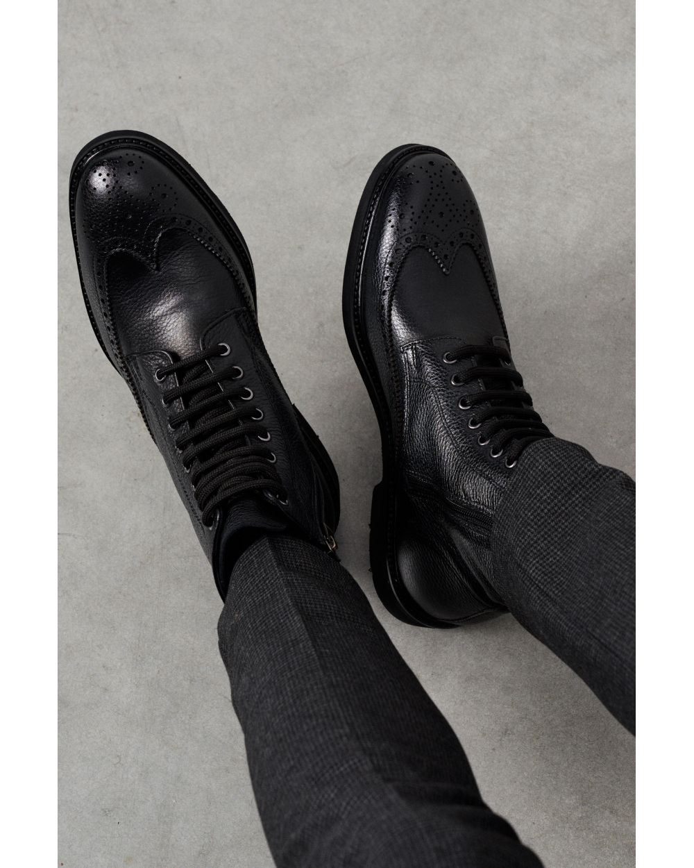 Ботинки мужские дерби броги черные на шнурках и замке, зернистая кожа