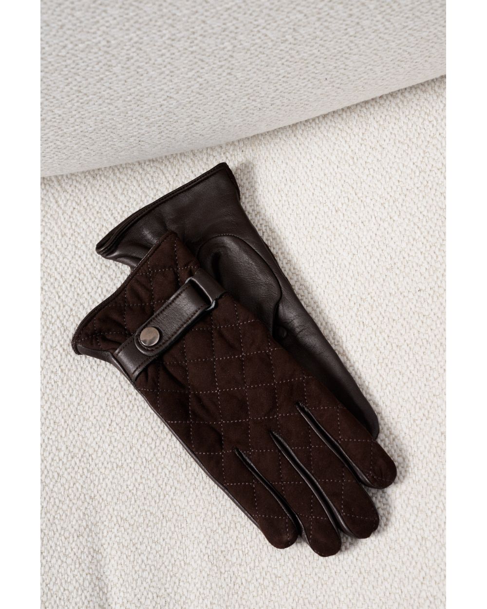 Перчатки мужские кожаные-замшевые, коричневые, стеганые с застежкой 