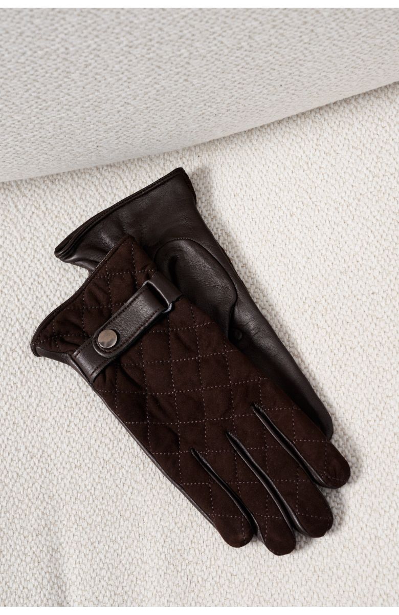 Перчатки мужские кожаные-замшевые, коричневые, стеганые с застежкой 