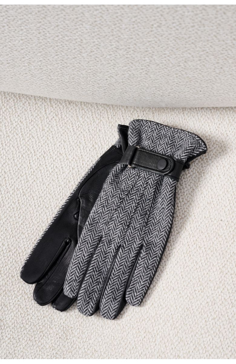 Перчатки мужские черные кожаные с трикотажным верхом в елочку