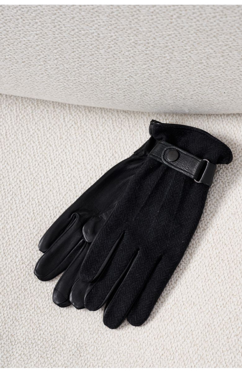 Перчатки мужские кожаные черные с темно-серым трикотажным верхом в елочку
