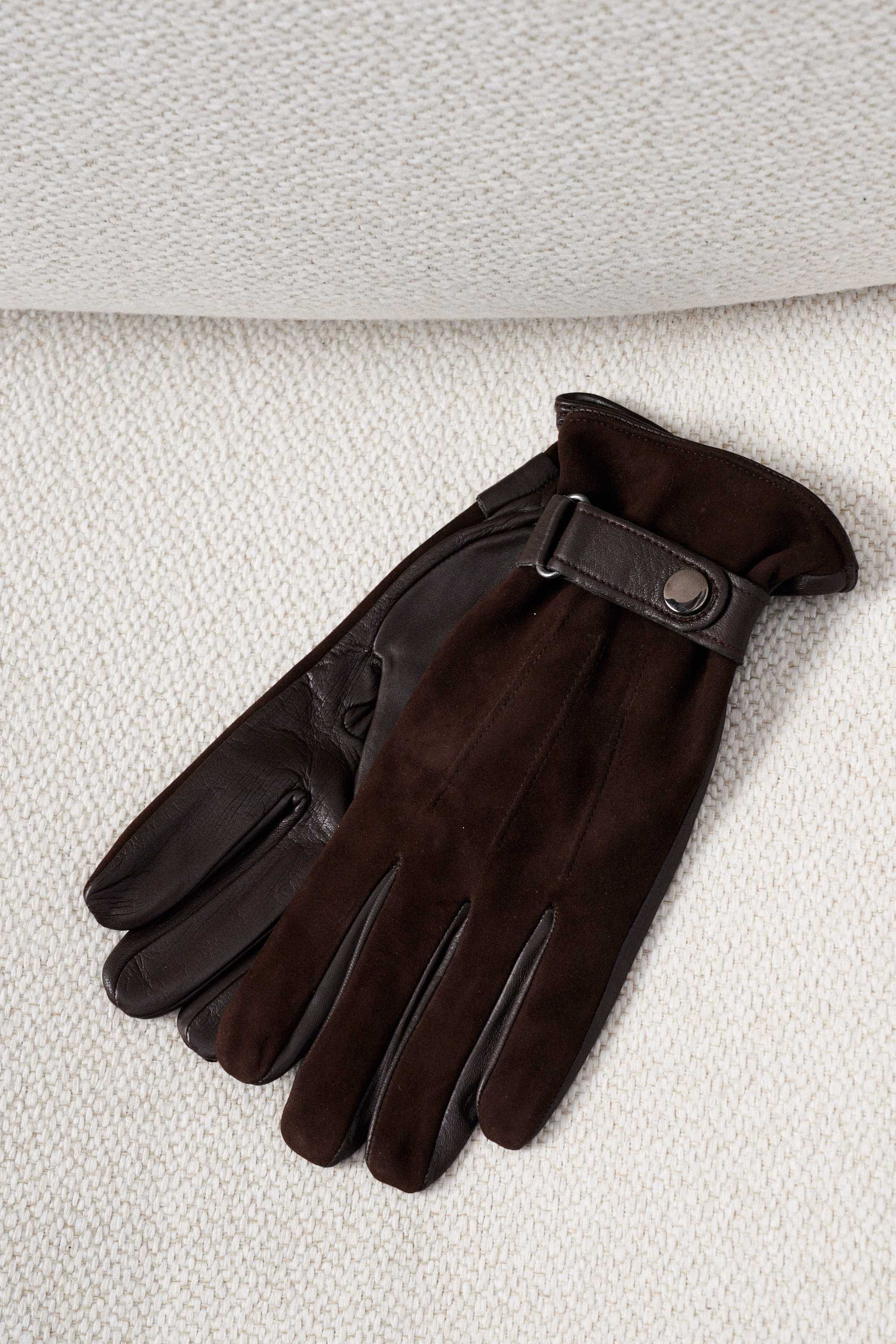 Перчатки мужские кожаные-замшевые, коричневые с застежкой