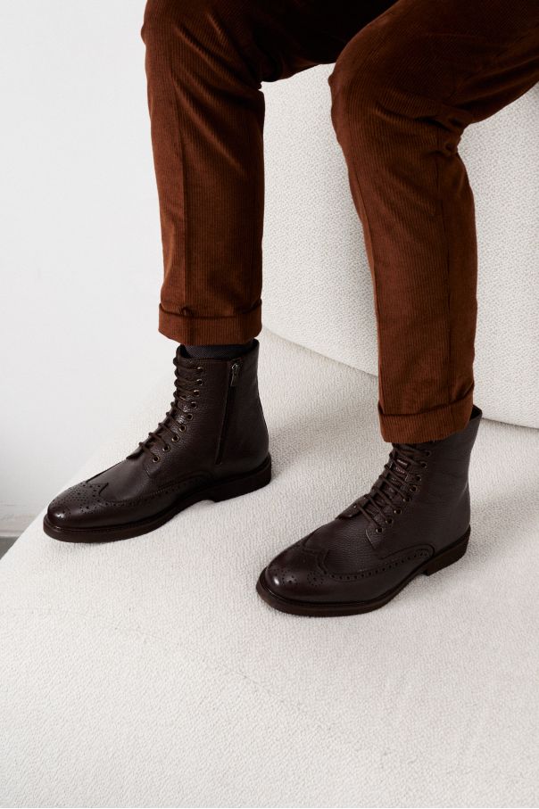 Ботинки мужские дерби броги коричневые на шнурках и замке, зернистая кожа