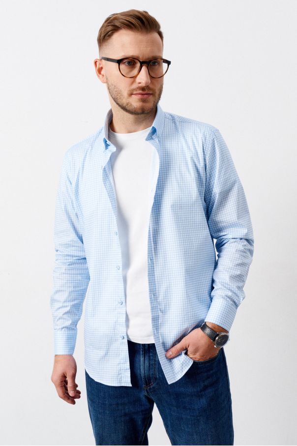 Рубашка мужская в бело-голубую клетку, классика воротник на пуговицах