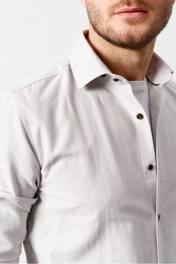 Рубашка мужская бежевая фактурная в квадратный узор, классика воротник