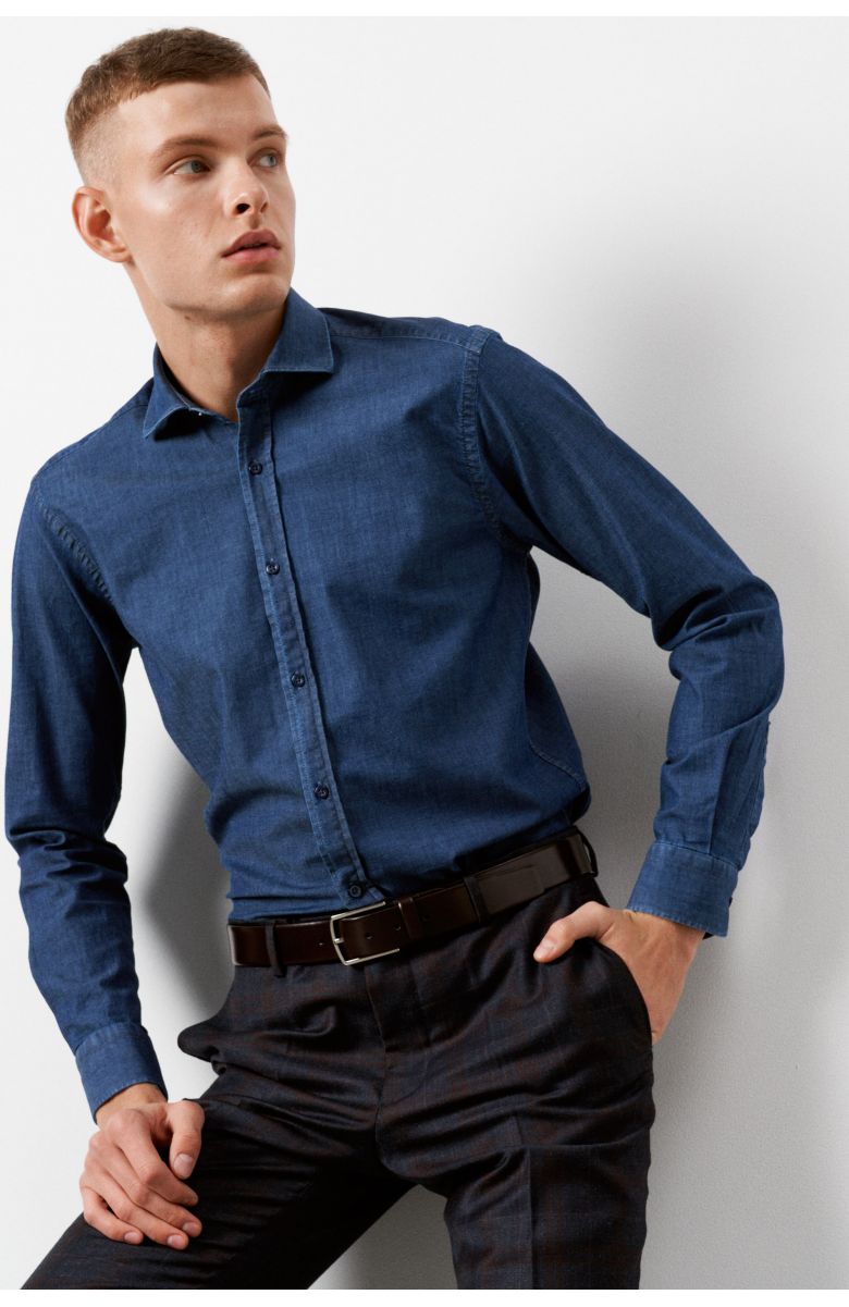 Рубашка (сорочка) мужская темно-синяя джинсовая с эластаном