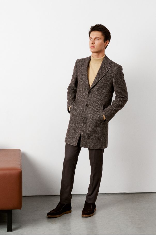Пальто мужское демисезонное, коричневое с бежевыми вкраплениями