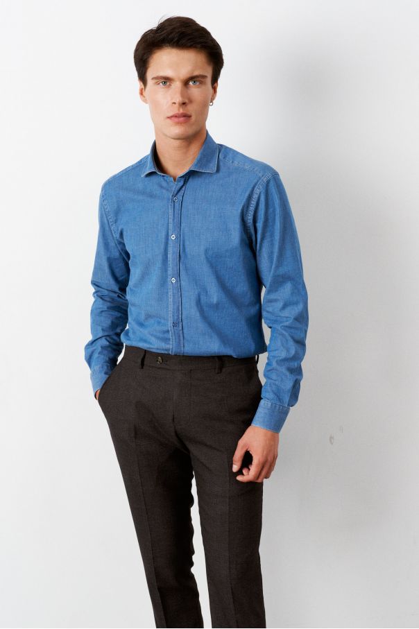 Рубашка (сорочка) мужская синяя джинсовая с эластаном