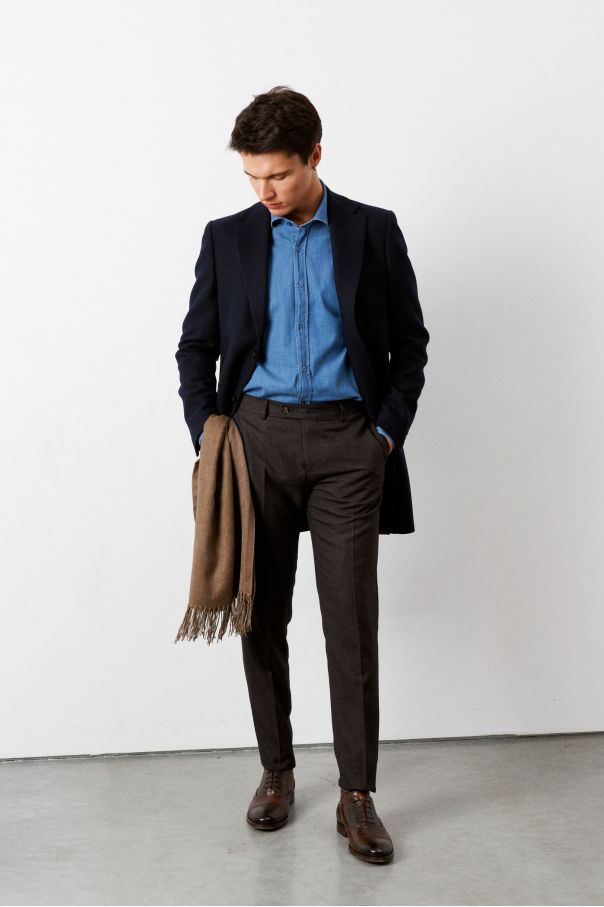 Пальто мужское демисезонное, темно-синее, диагональная фактура