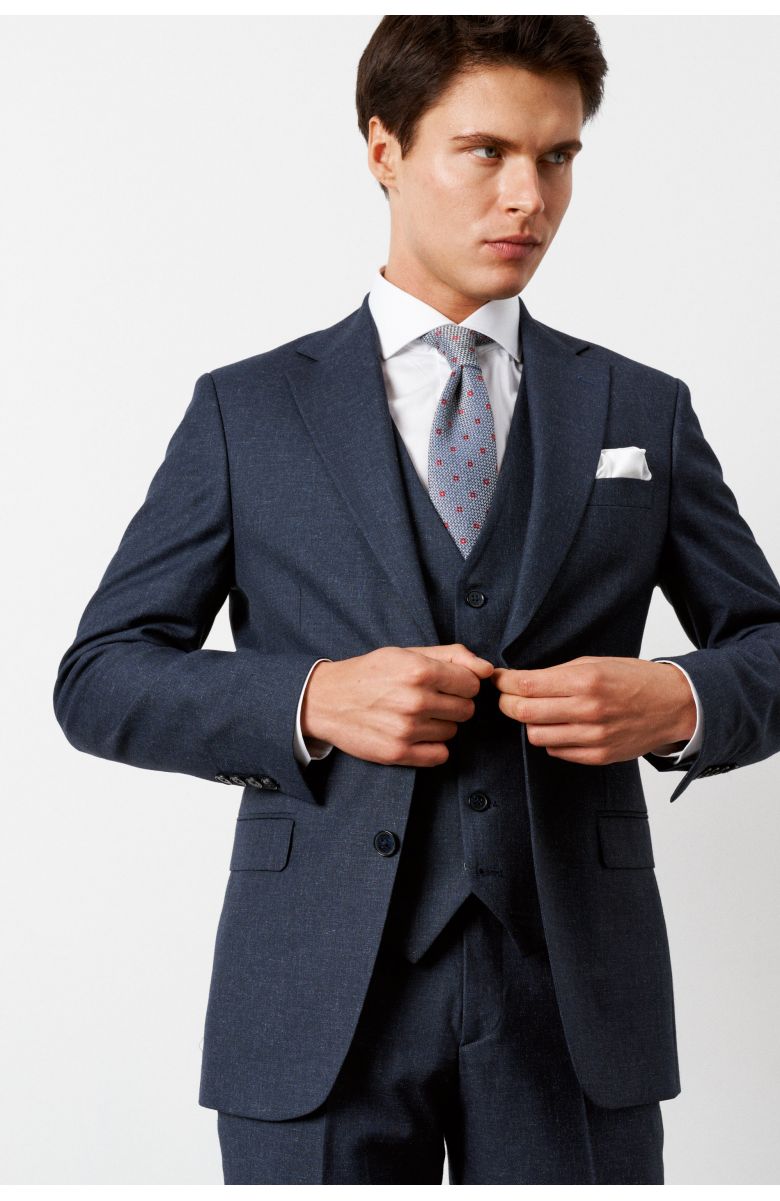 Комплект на корпоратив с синим костюмом с серой ниткой (костюм, туфли, рубашка, ремень, платок, галстук)