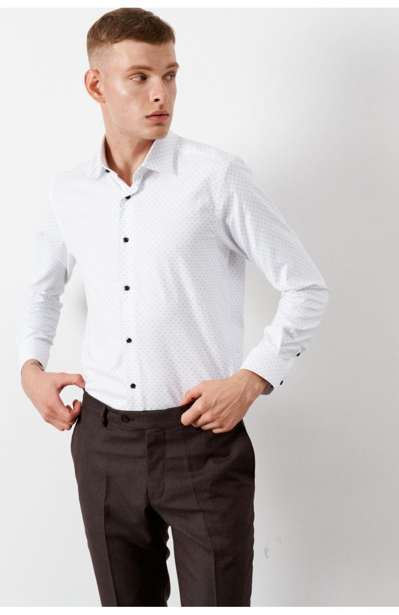 Рубашка (сорочка) мужская белая оксфорд, в серо-синий узор с синими пуговицами