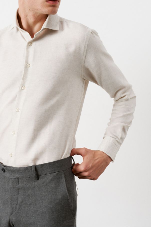 Рубашка мужская бежевая из хлопка и льна с рельефным узором