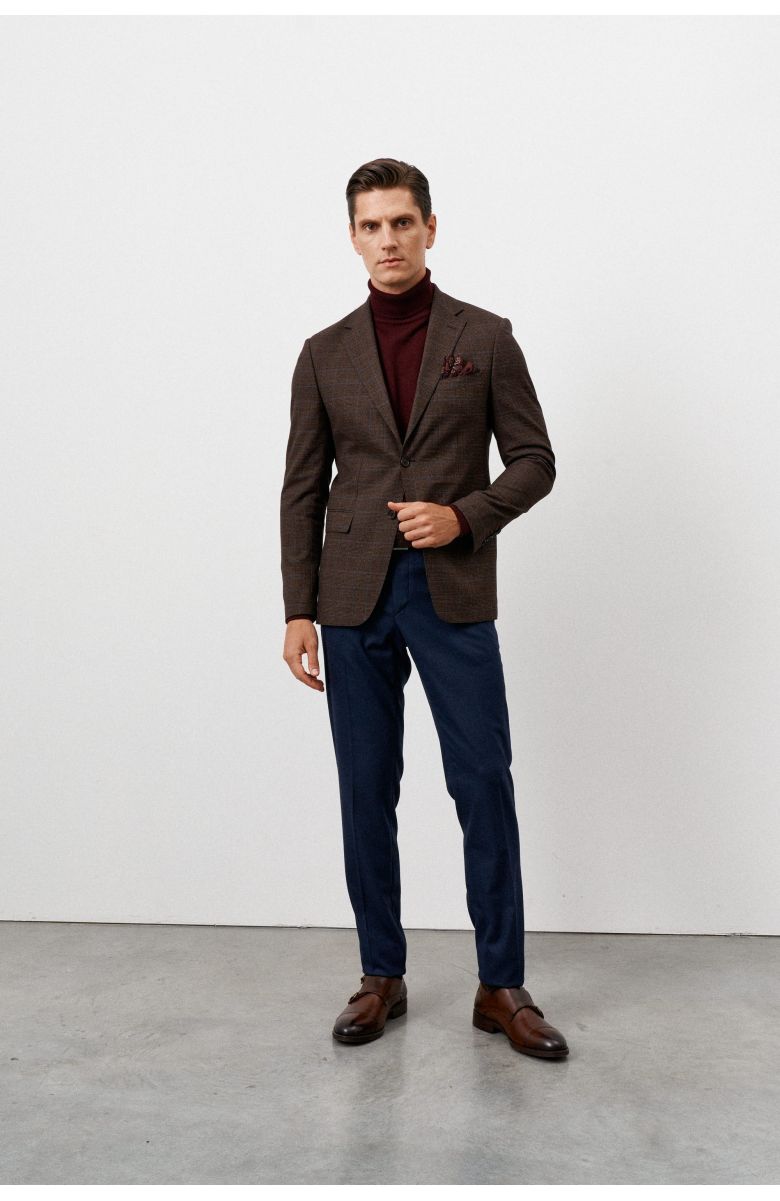Комплект в офис с коричневым пиджаком, в бордово-синюю клетку глен (пиджак, гольф, брюки, туфли, нагрудный платок)