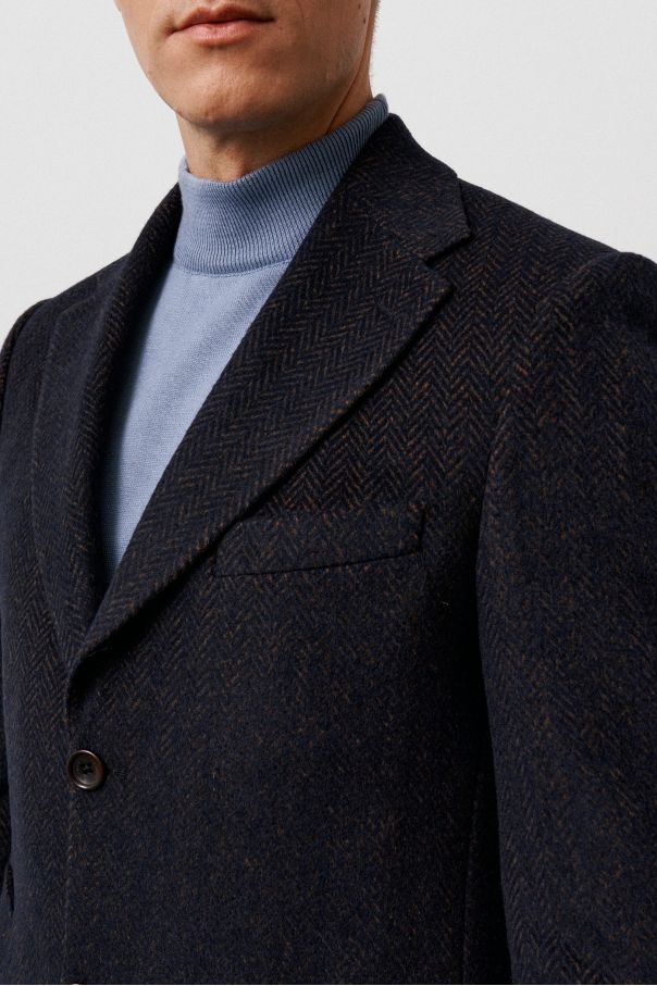 Пальто мужское синее, в крупную коричневую елочку